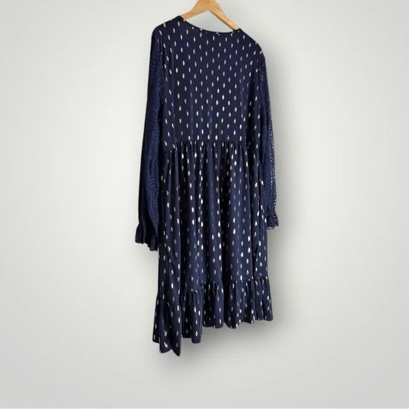 Suzanne Betro Gold Leaf Print Empire Dress Sz 1X Lace Sleeve Ruffle Cuff Pockets - Picture 5 of 8